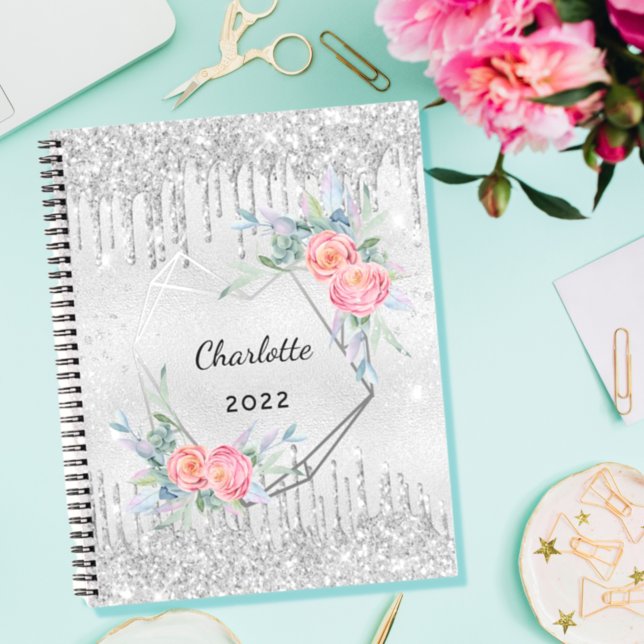 Diary silver floral glitter blush pink name notebook (Creator Uploaded)
