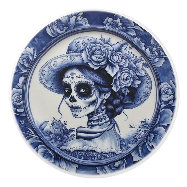 Dias Los Muertos Blue & White Ceramic Knob (Front)