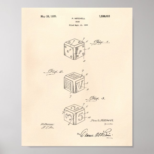 Dice 1925 Patent Art Old Peper Poster (Front)