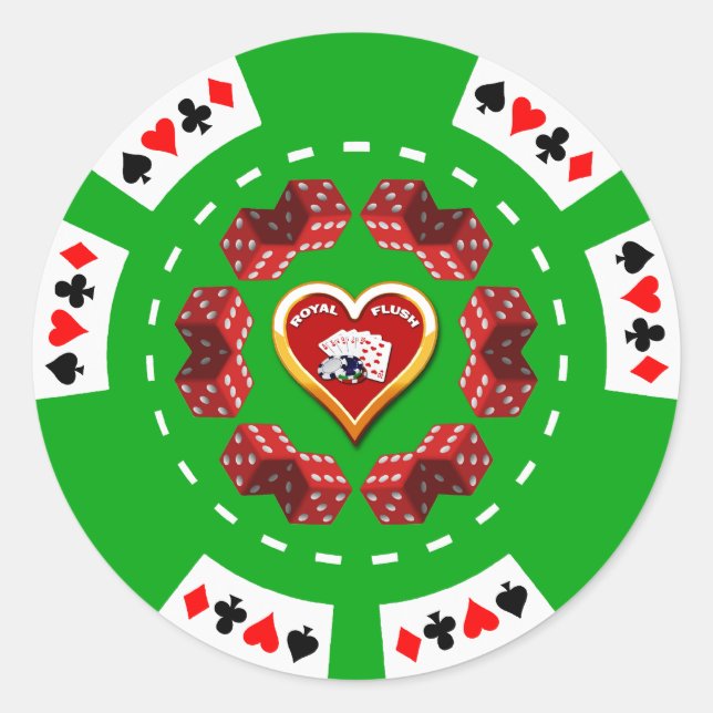 DICE AND ROYAL FLUSH POKER CHIP CLASSIC ROUND STICKER (Front)