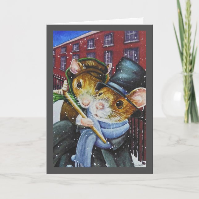 Dickens Christmas Carol Mice Watercolor Art Card (Front)