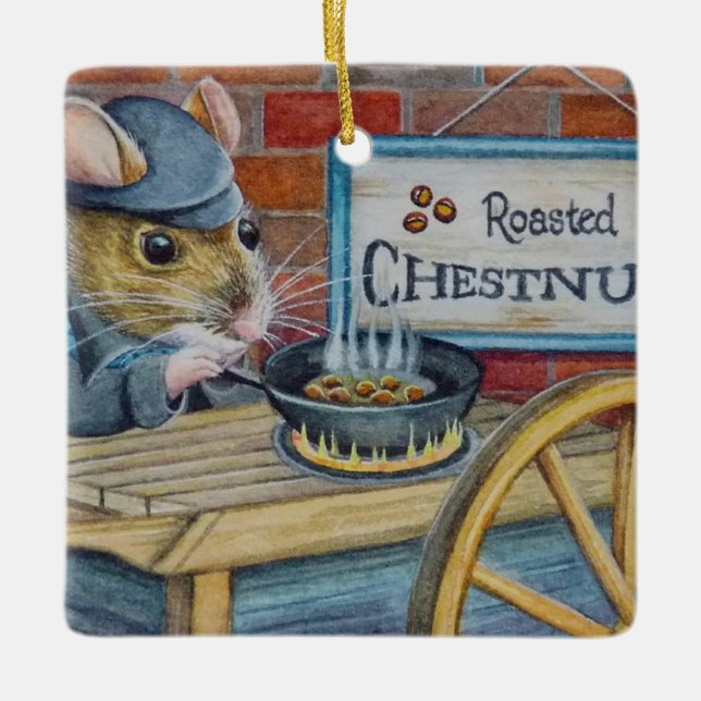 Dickens Christmas Mouse Roasting Chestnuts Art Ceramic Ornament (Front)