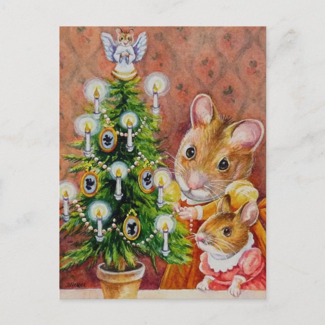 Dickens Christmas Tree Trimming Mouse Art Postcard (Front)