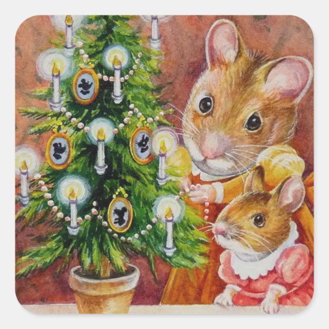 Dickens Christmas Tree Trimming Mouse Art Square Sticker (Front)