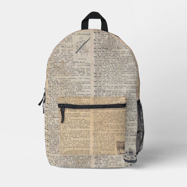 Dictionary Pages Printed Backpack (Front)