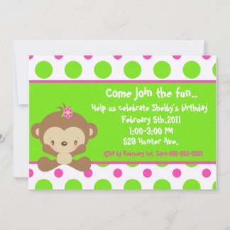 Diddles Monkey Girl 5x7 Birthday Invitation