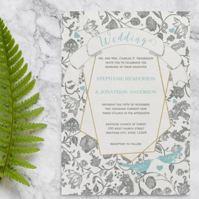 Die Cut Aqua Grey Floral Pattern Love Bird Wedding Invitation (Creator Uploaded)