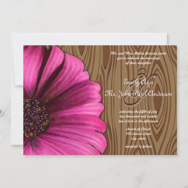 Die Cut Fuchsia Gerber Daisy Wood Grain Wedding Invitation (Front)