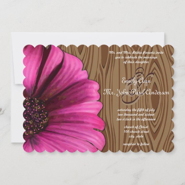 Die Cut Fuchsia Gerber Daisy Wood Grain Wedding Invitation (Front)