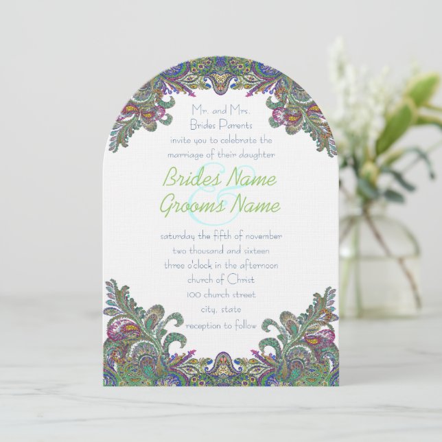 Die Cut Green Raspberry Blue Wedding Invitation (Standing Front)