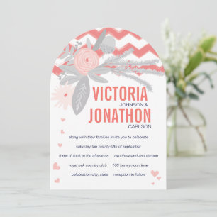 Die Cut Peachy Pink Gray Navy Floral Fauna Wedding Invitation