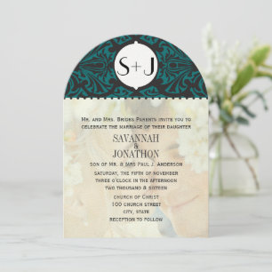 Die Cut Photo Vintage Damask Emerald Green Wedding Invitation