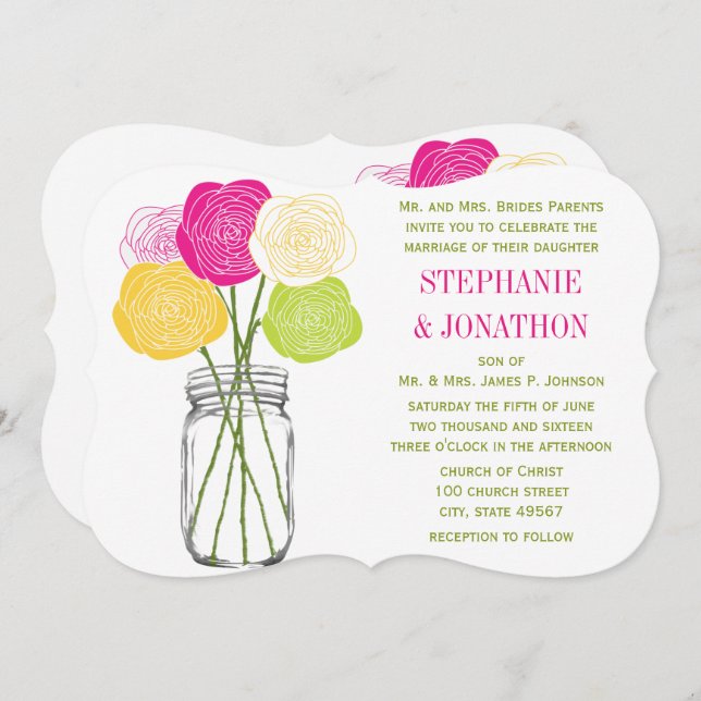 Die Cut Ranunculus Rose Lime Pink Yellow Mason Jar Invitation (Front/Back)