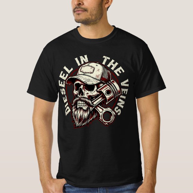 Diesel In The Veins Trucker Gift, Skull Trucker T-Shirt (Front)
