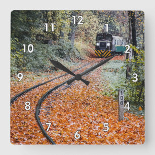 Diesel Locomotive Train Moving in Trees & Leaves Square Wall Clock