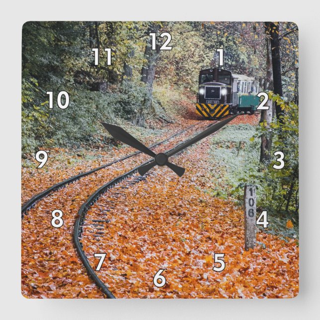 Diesel Locomotive Train Moving in Trees & Leaves Square Wall Clock (Front)