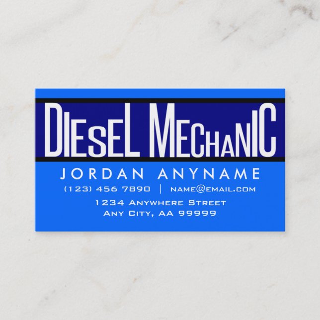 Diesel Mechanic Funky Text Blue Business Card (Front)