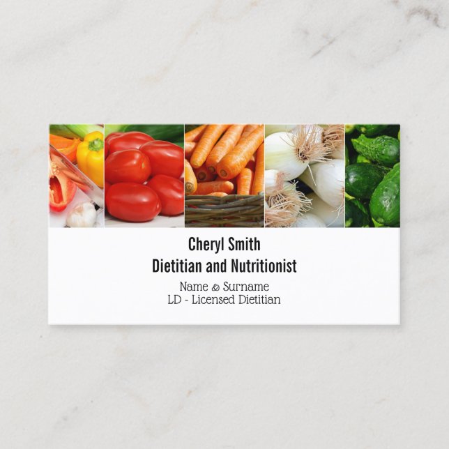Dietician healthy fresh vegetable photo collage business card (Front)