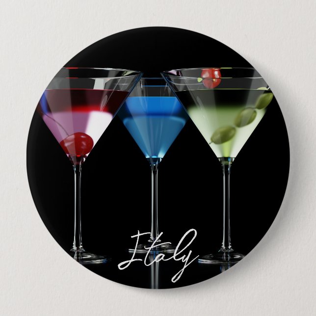 Different cocktails in martini glasses on black 10 cm round badge (Front)
