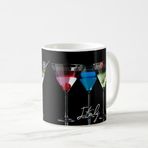 Different cocktails in martini glasses on black coffee mug