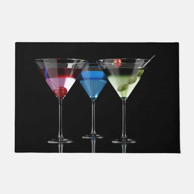 Different cocktails in martini glasses on black doormat (Front)