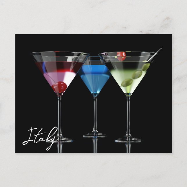 Different cocktails in martini glasses on black postcard (Front)