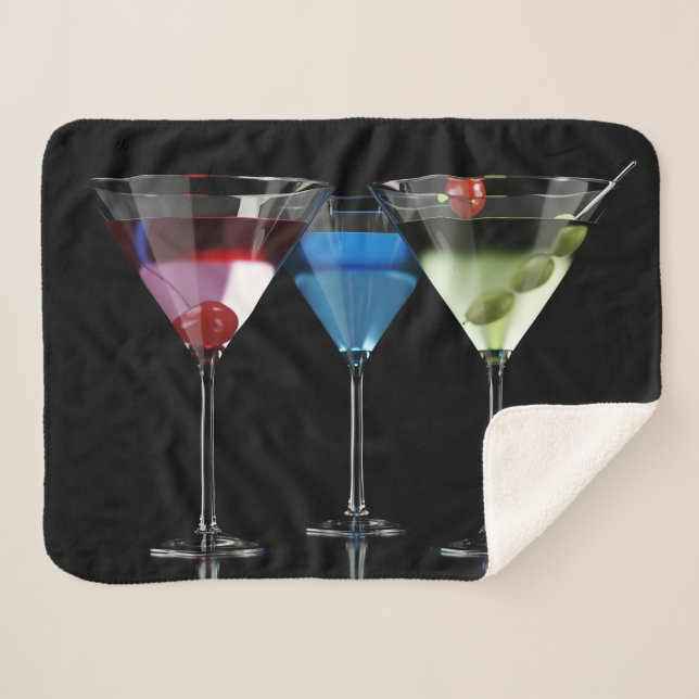 Different cocktails in martini glasses on black sherpa blanket (Front (Horizontal))