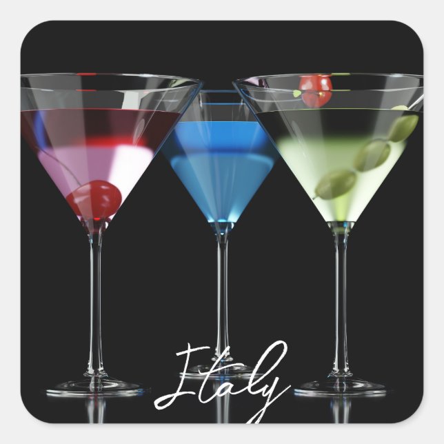 Different cocktails in martini glasses on black square sticker (Front)