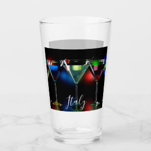 Different cocktails in martini glasses with lights