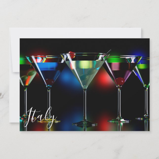 Different cocktails in martini glasses with lights (Front)