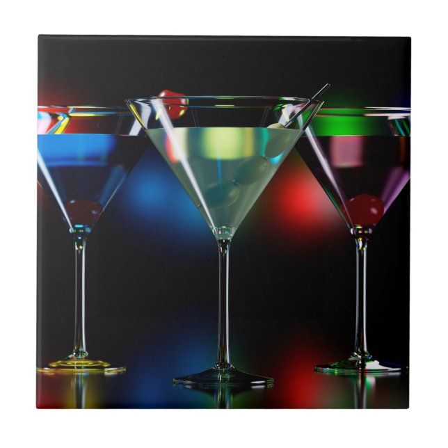 Different cocktails in martini glasses with lights ceramic tile (Front)
