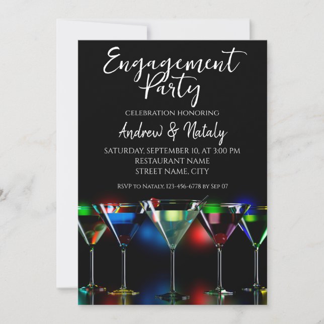 Different cocktails in martini glasses with lights invitation (Front)