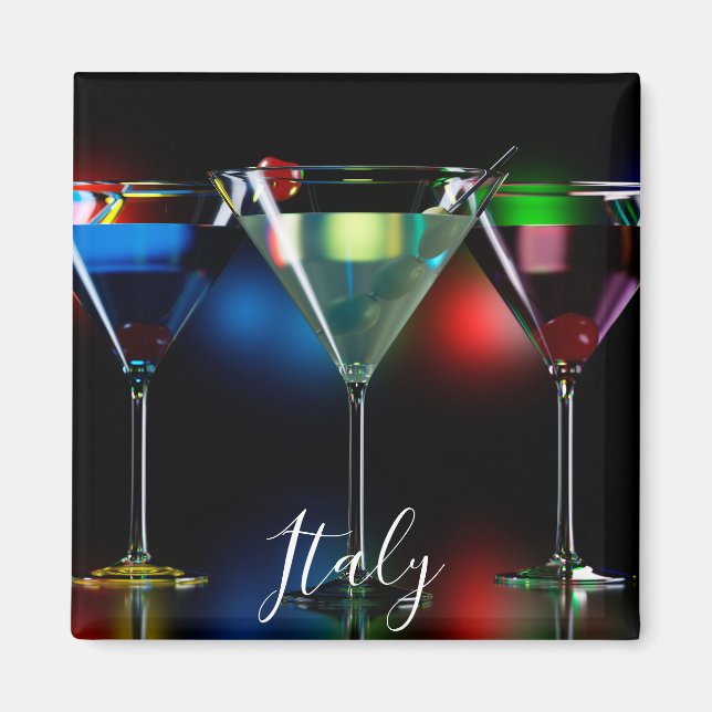 Different cocktails in martini glasses with lights magnet (Front)