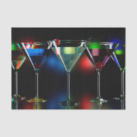 Different cocktails in martini glasses with lights