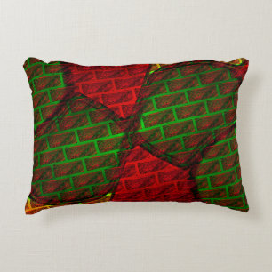 Different image montage, brick, red, green, yellow decorative cushion