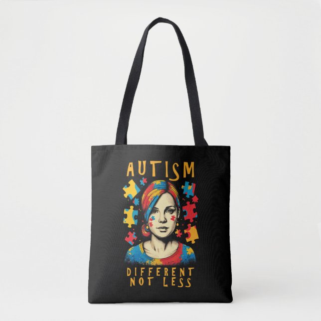 Different Not Less Autism Awareness Positive Quote Tote Bag (Front)