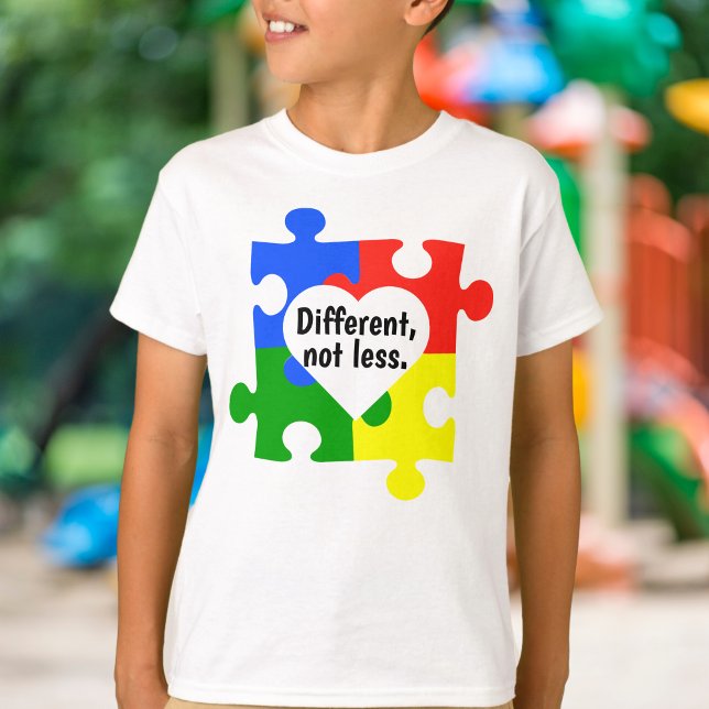 Different, Not Less Puzzle Pieces Heart White T-Shirt (Creator Uploaded)