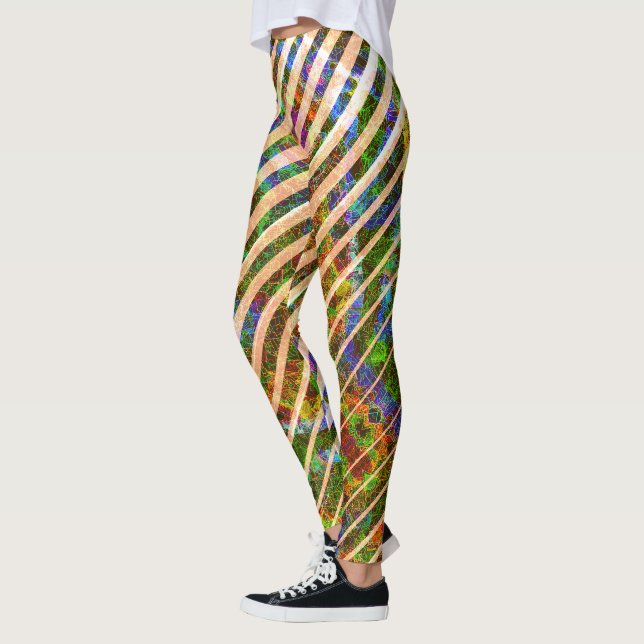 Different orange stripes, colourful scratched line leggings (Left)