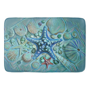 Different types tropical seashells blue painting bath mat