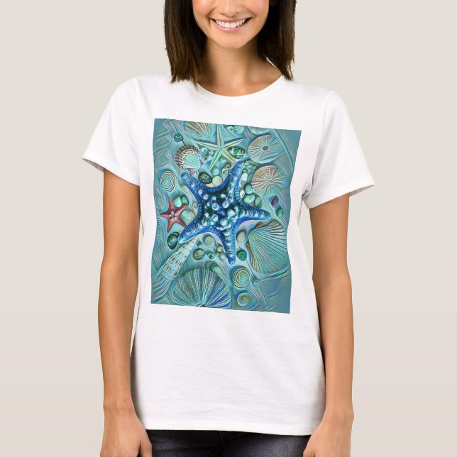 Different types tropical seashells blue painting T-Shirt (Front)