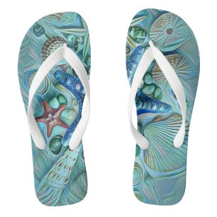 Different types tropical seashells blue painting thongs
