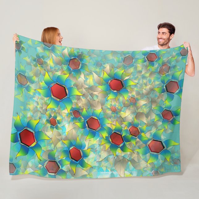 Different virtual flowers, bluish petals upon teal fleece blanket (In Situ)