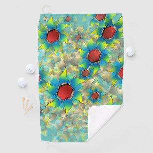 Different virtual flowers, bluish petals upon teal golf towel