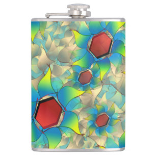 Different virtual flowers, bluish petals upon teal hip flask