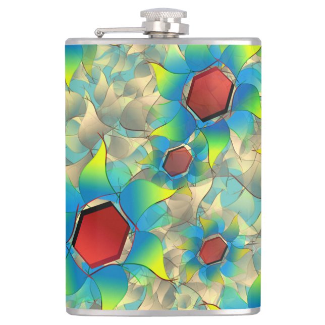 Different virtual flowers, bluish petals upon teal hip flask (Front)