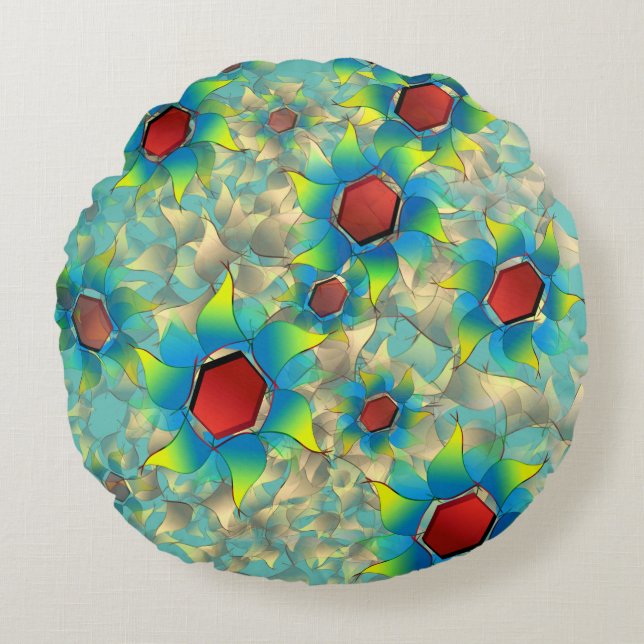 Different virtual flowers, bluish petals upon teal round cushion (Front)