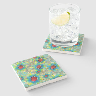 Different virtual flowers, bluish petals upon teal stone coaster