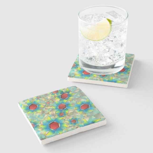 Different virtual flowers, bluish petals upon teal stone coaster (Side)