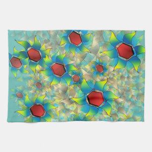 Different virtual flowers, bluish petals upon teal tea towel