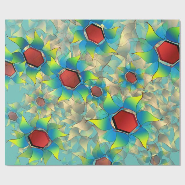 Different virtual flowers, bluish petals upon teal wrapping paper (Flat)